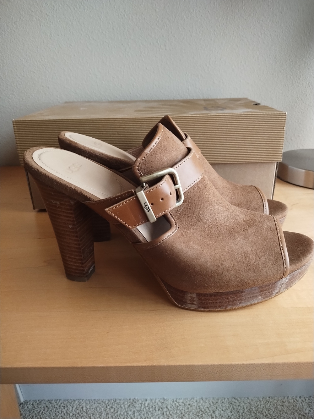 UGG Women's Brown Suede Buckle Platform Mules - Picture 3 of 7